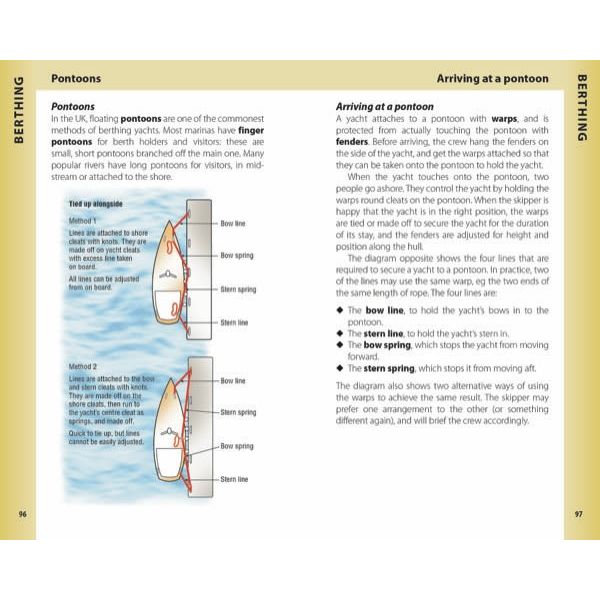 The Reeds Crew Handbook offers beginner-friendly illustrations on yacht berthing techniques at pontoons, featuring diagrams on tying alongside, mooring with warps, and deploying bow and stern lines, springs, fenders. It also covers various pontoon types.