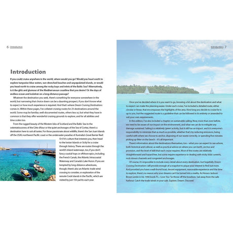 A spread from a travel magazine showcasing pages 6 and 7 features content titled "Introduction" in Adlard Coles' "Dream Cruising Destinations," alongside a scenic image of a clear blue sea with sailboats, capturing coveted sailing spots.