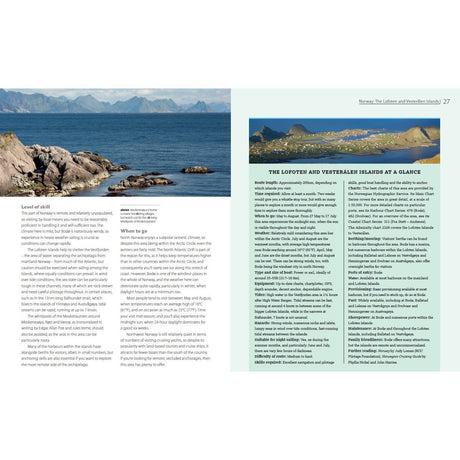 A picturesque view of a rocky shoreline, calm sea, and distant mountains under a blue sky captures a sailor's dream. Accompanying text highlights sailing activities and natural beauty at Lofoten and Vesterålen Islands in Norway, featured in "Dream Cruising Destinations" by Adlard Coles.