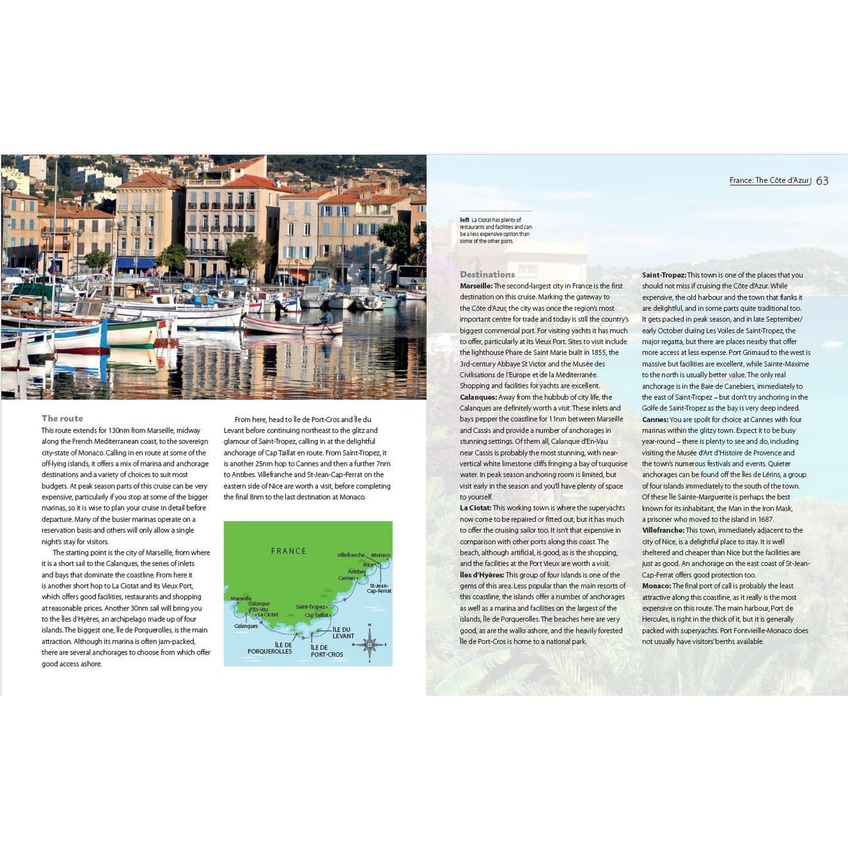 The image shows a coastal town with colorful buildings, boats in a marina, and a blue sky. This page from "Dream Cruising Destinations" by Adlard Coles highlights cruising spots in France like Marseille, Toulon, and Nice—a vivid guide to exploring coastal treasures.