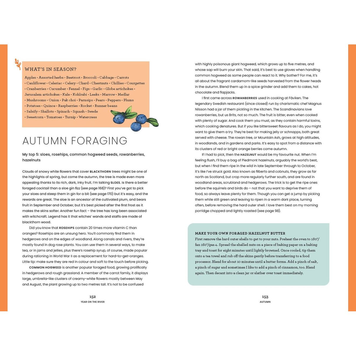 A Year on the River by Adlard Coles showcases autumn towpath foraging with seasonal produce, tips for gathering berries and nuts, and a recipe for hazelnut butter, complemented by imagery of leaves and berries on cream and blue backgrounds.