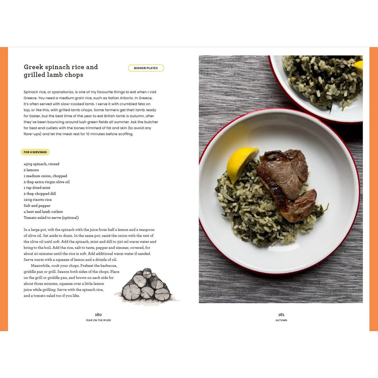 A Year on the River by Adlard Coles features a plate of Greek spinach rice with grilled lamb chop and lemon on a red-edged dish, offering ideal seasonal boat recipe inspiration, plus an illustration of stacked stones at the page bottom.