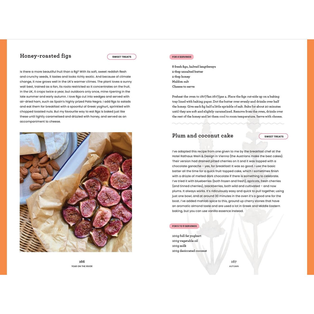 A spread from "A Year on the River" by Adlard Coles showcases seasonal recipes like honey-roasted figs and plum coconut cake, with one page featuring figs on parchment, topped with honey and almonds.