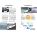 In Adlard Coles' The Paddleboard Bible, a two-page spread uses beach photos and water flow diagrams to explain rip currents; one page features three images, the other has safety tips for paddleboarders and step-by-step instructional diagrams.