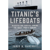 Book cover for "Titanic's Lifeboats" by Frontline Books depicts the sinking RMS Titanic above and a lifeboat with survivors below, emphasizing themes of disaster and survival central to the Titanic's lifeboats.