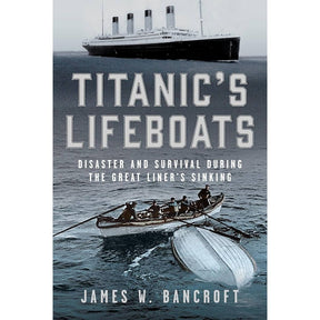 Book cover for "Titanic's Lifeboats" by Frontline Books depicts the sinking RMS Titanic above and a lifeboat with survivors below, emphasizing themes of disaster and survival central to the Titanic's lifeboats.