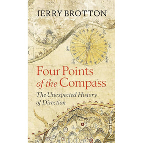 Penguin’s "Four Points of the Compass" book cover features an antique map background, a bold compass rose displaying cardinal directions, and detailed decorative geographic illustrations.