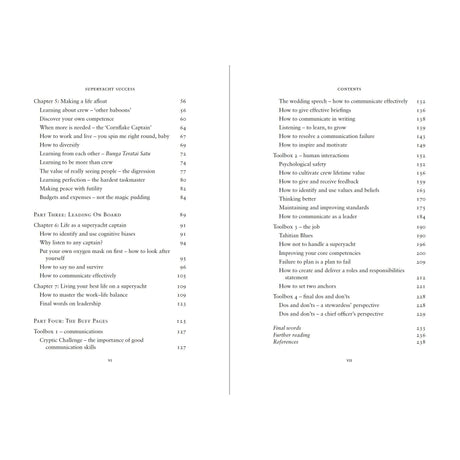 The Superyacht Success book by Adlard Coles features a table of contents listing chapters on communication skills, leadership, feedback, and toolkits for superyacht careers, with page numbers shown in columns on the right.