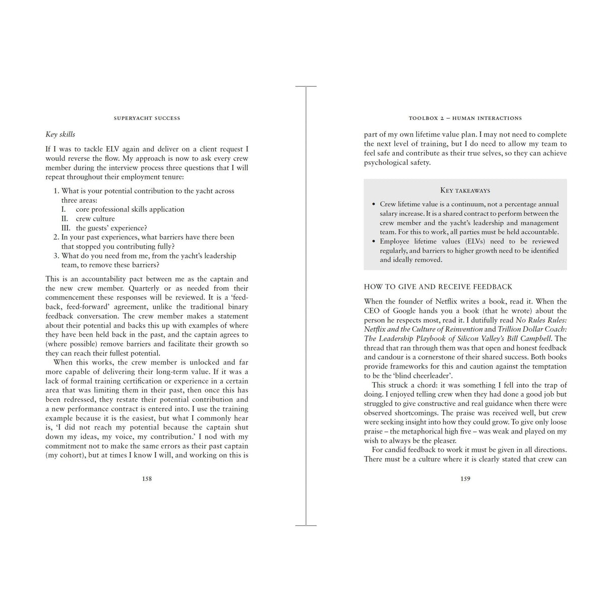 Two pages from *Superyacht Success* by Adlard Coles cover professional skills, feedback methods, and annual reviews in the superyacht industry, with a “Key Takeaways” box on objectives, self-reflection, and measurable career progress.