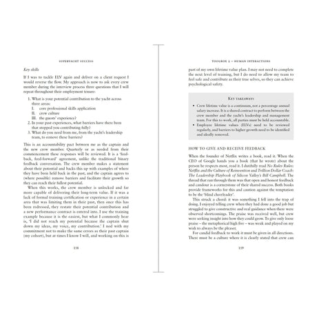 Two pages from *Superyacht Success* by Adlard Coles cover professional skills, feedback methods, and annual reviews in the superyacht industry, with a “Key Takeaways” box on objectives, self-reflection, and measurable career progress.