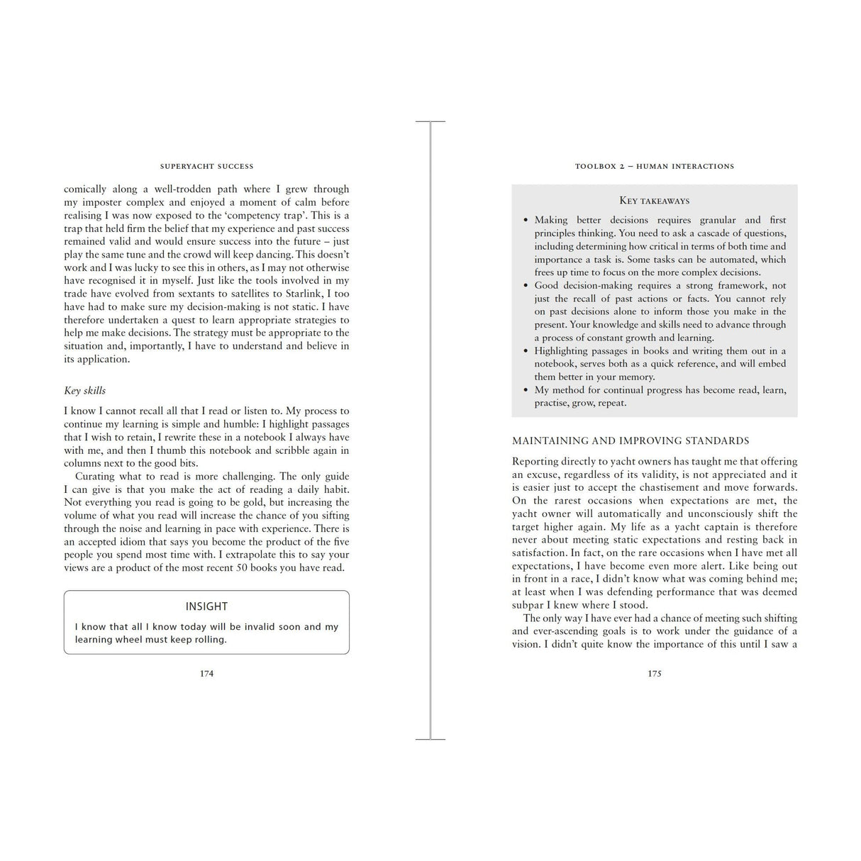 A Superyacht Success book spread by Adlard Coles features self-reflection and key skills with an “Insight” box on the left page, while the right page presents bullet-point takeaways and introduces maintaining and improving standards.