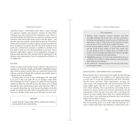A Superyacht Success book spread by Adlard Coles features self-reflection and key skills with an “Insight” box on the left page, while the right page presents bullet-point takeaways and introduces maintaining and improving standards.
