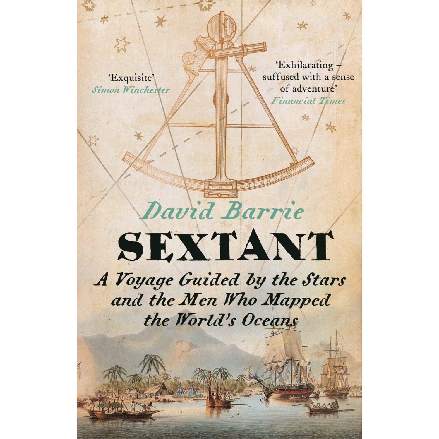 The cover of "Sextant" by William Collins shows a classic sextant over a vintage map, with sailing ships below and reviews in the corners; subtitles highlight a voyage guided by celestial navigation.