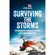 A red RNLI lifeboat battles stormy waves beneath a bold blue sky. The text reads: "Surviving the Storms by HarperCollins—Extraordinary Stories of Courage and Compassion in RNLI Sea Rescues.