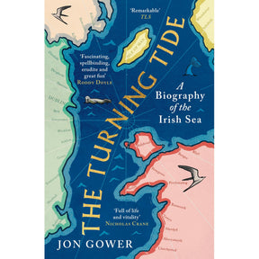 Book cover for The Turning Tide by HarperNorth, featuring a stylized map with birds and seals, highlighting nature writing and including praise from Roddy Doyle and Nicholas Crane.