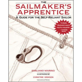 Book cover of The Sailmaker's Apprentice by International Marine Publishing Co., showing sewing tools and sail stitching in red and beige—a classic sailor’s guide for the self-reliant, featuring Emiliano Marino's expertise.