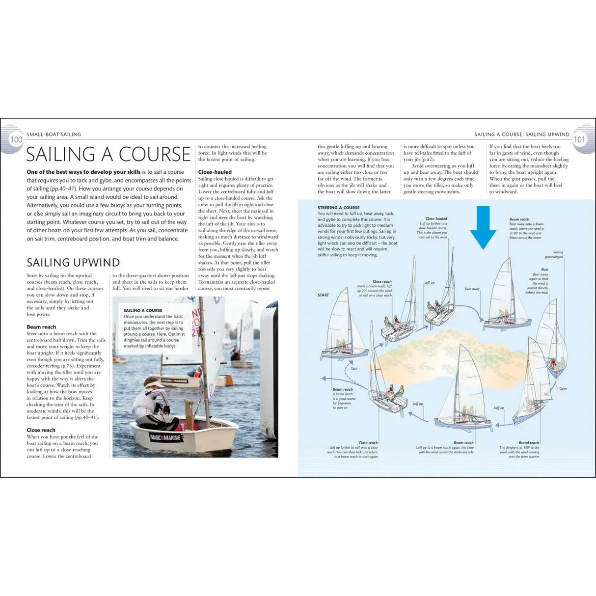 The Complete Sailing Manual by DK provides insightful guidance on sailing techniques. It includes a sailor image in a small sailboat, diagrams of sailboats navigating wind directions, and detailed maneuvers like "close hauled" and "steering a course.