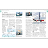 A two-page magazine spread explores advanced small-boat sailing with a focus on foiling, highlighting cutting-edge sailing technology. It features images of sailboats, detailed foil design diagrams, and insights from DK's The Complete Sailing Manual on foiling techniques and equipment.