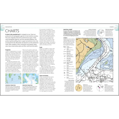 The Complete Sailing Manual by DK includes a detailed two-page navigation guide on nautical charts with map projections, symbols, scale examples, and chart corrections—an essential tool for seamless sailing navigation.