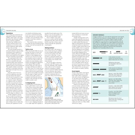 The Complete Sailing Manual by DK offers details on cruising regulations, tactics, shipping lanes, and harbor approaches with diagrams and a sound signals chart showcasing visual horn signals and insights into the latest sailing technology.