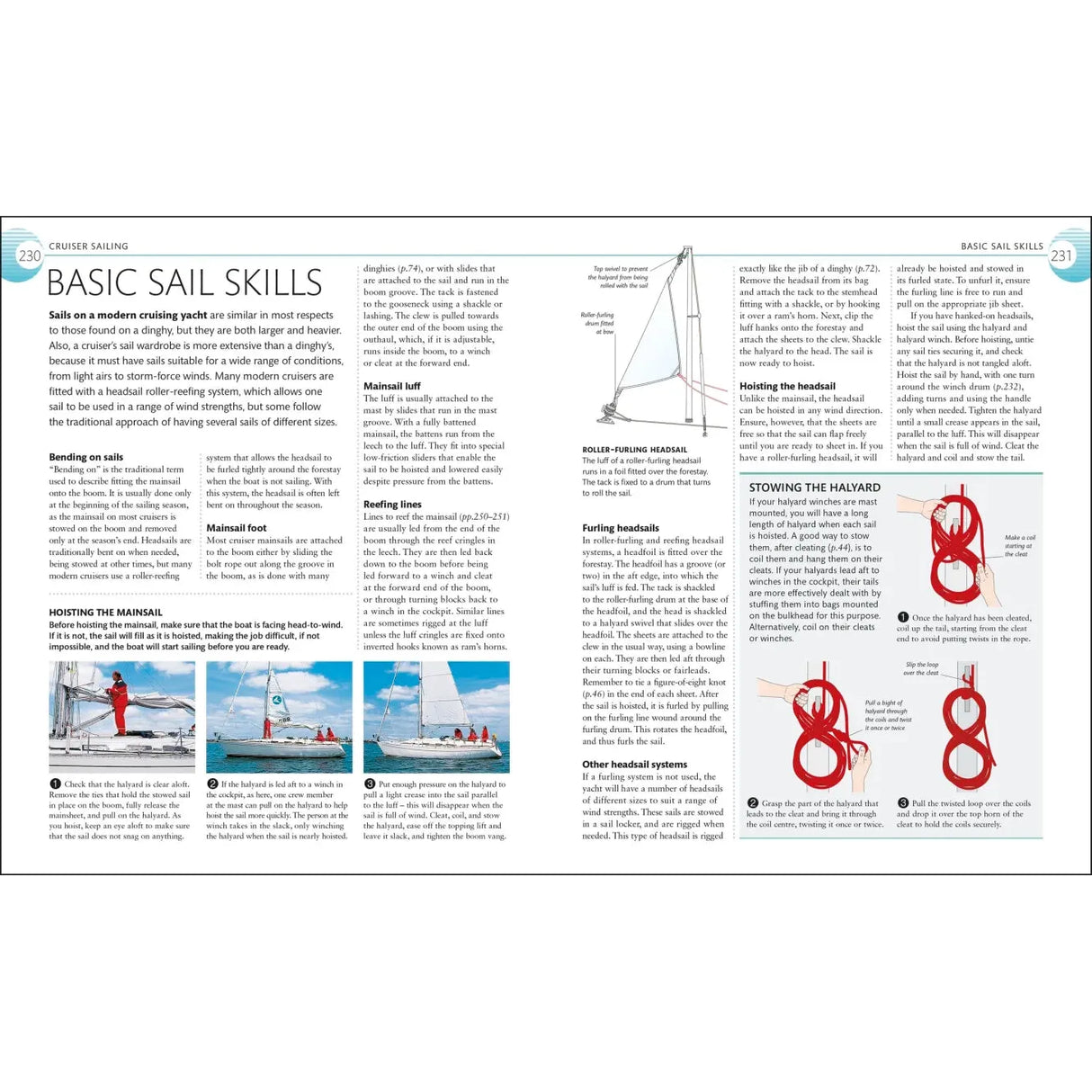 A two-page spread from DK's "The Complete Sailing Manual" covers "Basic Sail Skills," with diagrams and text on hoisting the headsail, bending on sails, furling techniques, and stowing the halyard. Images depict sailors handling sails on a boat using modern sailing technology.