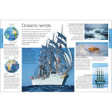 Inspired by "Ocean: A Children's Encyclopedia" from DK, this magazine page features sailing ships, globes with wind patterns, seascapes, and a large sailboat with white sails, plus text about oceanic winds and their impact.