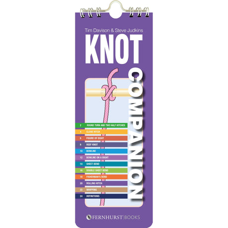 The "Knot Companion" by Fernhurst Books is a purple guide featuring a pink knot illustration and a colorful knot-tying list, with the Fernhurst Books logo at the bottom.