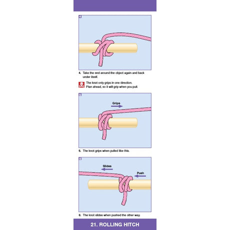 The Knot Companion by Fernhurst Books offers a step-by-step guide to tying a rolling hitch with pink rope around a pole, highlighting how the knot grips one way and slides the other—perfect for clear knot-tying or sailing reference.