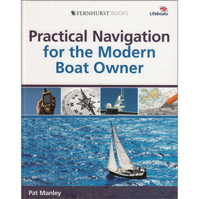 Book cover of "Practical Navigation for the Modern Boat Owner" by Fernhurst Books shows key navigation tools—GPS, compass, radar, map, and sailboat on blue water—ideal for mastering modern boat navigation.