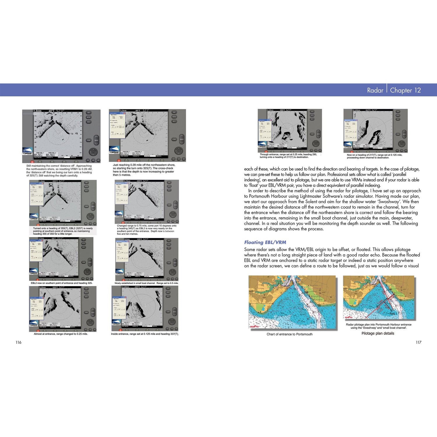 A two-page spread from Fernhurst Books' "Practical Navigation for the Modern Boat Owner" features annotated radar images on the left and color radar charts on the right, plus columns of text explaining navigation techniques and passage planning.