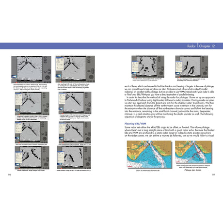 A two-page spread from Fernhurst Books' "Practical Navigation for the Modern Boat Owner" features annotated radar images on the left and color radar charts on the right, plus columns of text explaining navigation techniques and passage planning.