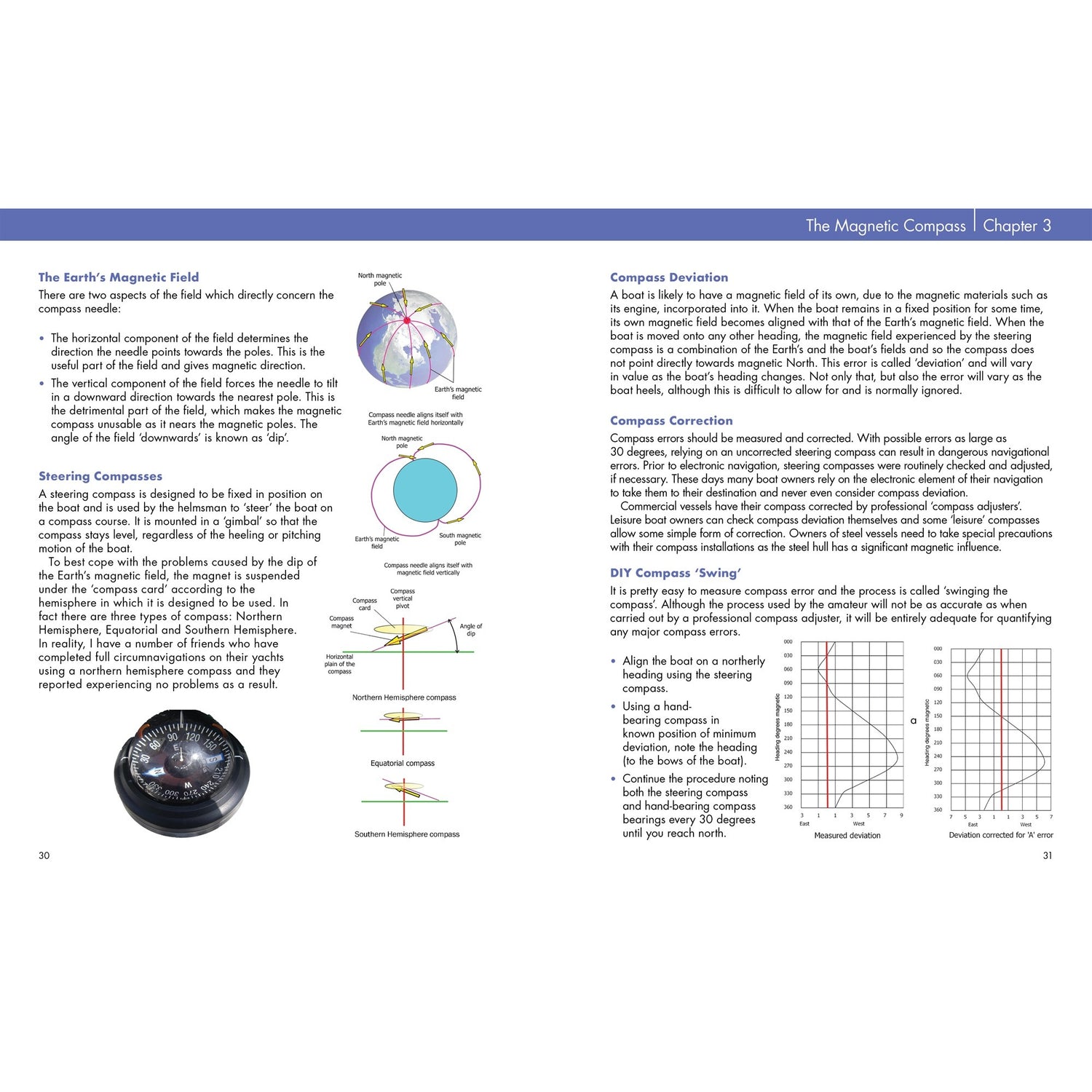 Practical Navigation for the Modern Boat Owner by Fernhurst Books explains Earth's magnetic field, compass errors, deviation correction, DIY swings, and navigation skills with clear diagrams and a compass photo.