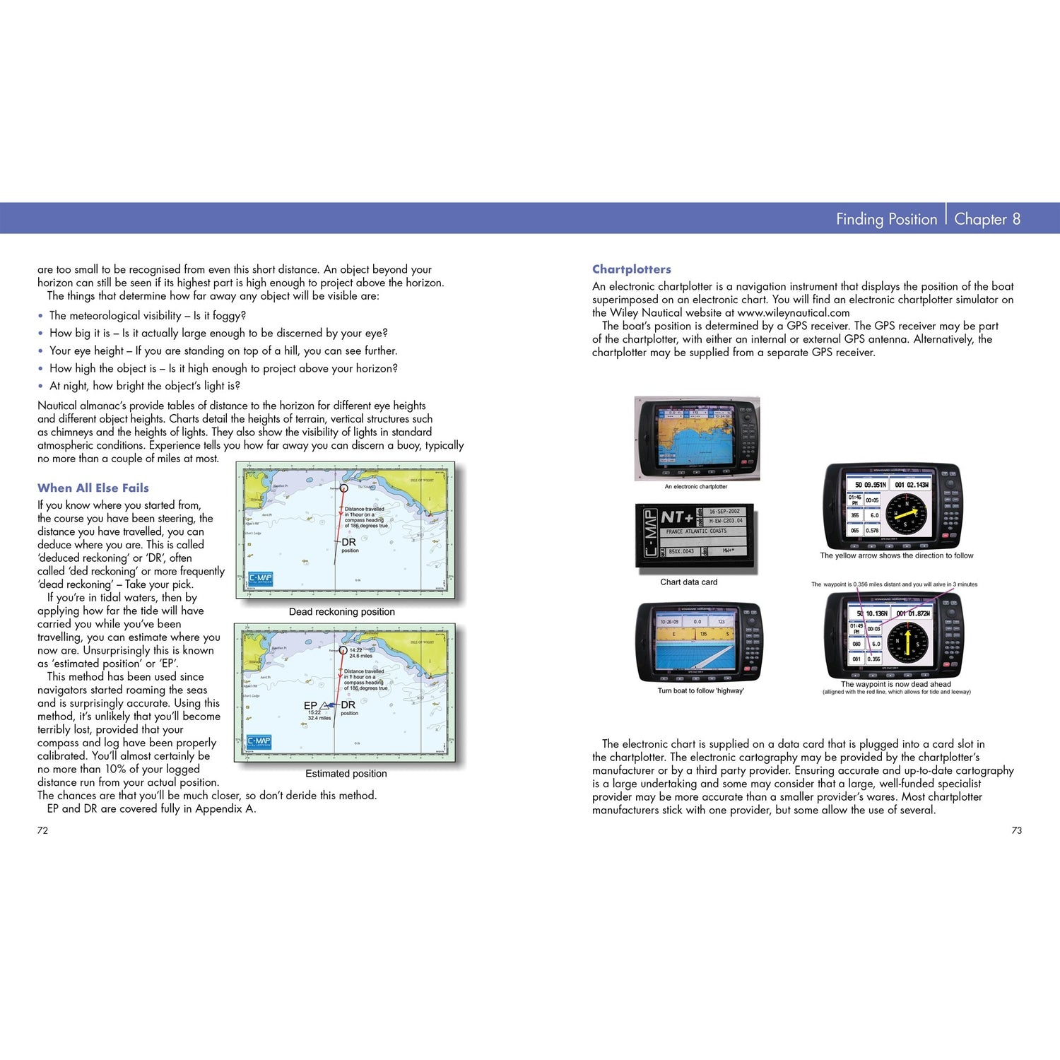 Two pages from "Practical Navigation for the Modern Boat Owner" by Fernhurst Books, showing text on navigation techniques plus color images of electronic chartplotters with diagrams and electronic chart screenshots.
