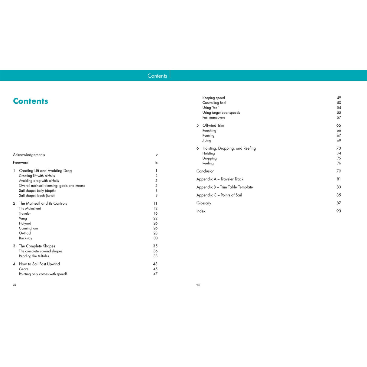 The image displays the table of contents from "Mainsail Trimming" by Fernhurst Books, listing sections on small shapes, animals, sail trim, trimming techniques, handling, troubleshooting, scoring, folding, and an appendix with page numbers.