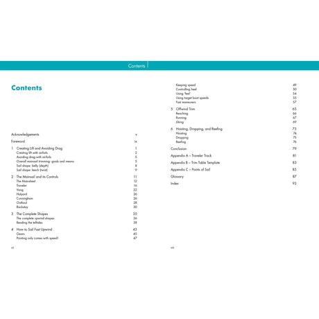 The image displays the table of contents from "Mainsail Trimming" by Fernhurst Books, listing sections on small shapes, animals, sail trim, trimming techniques, handling, troubleshooting, scoring, folding, and an appendix with page numbers.