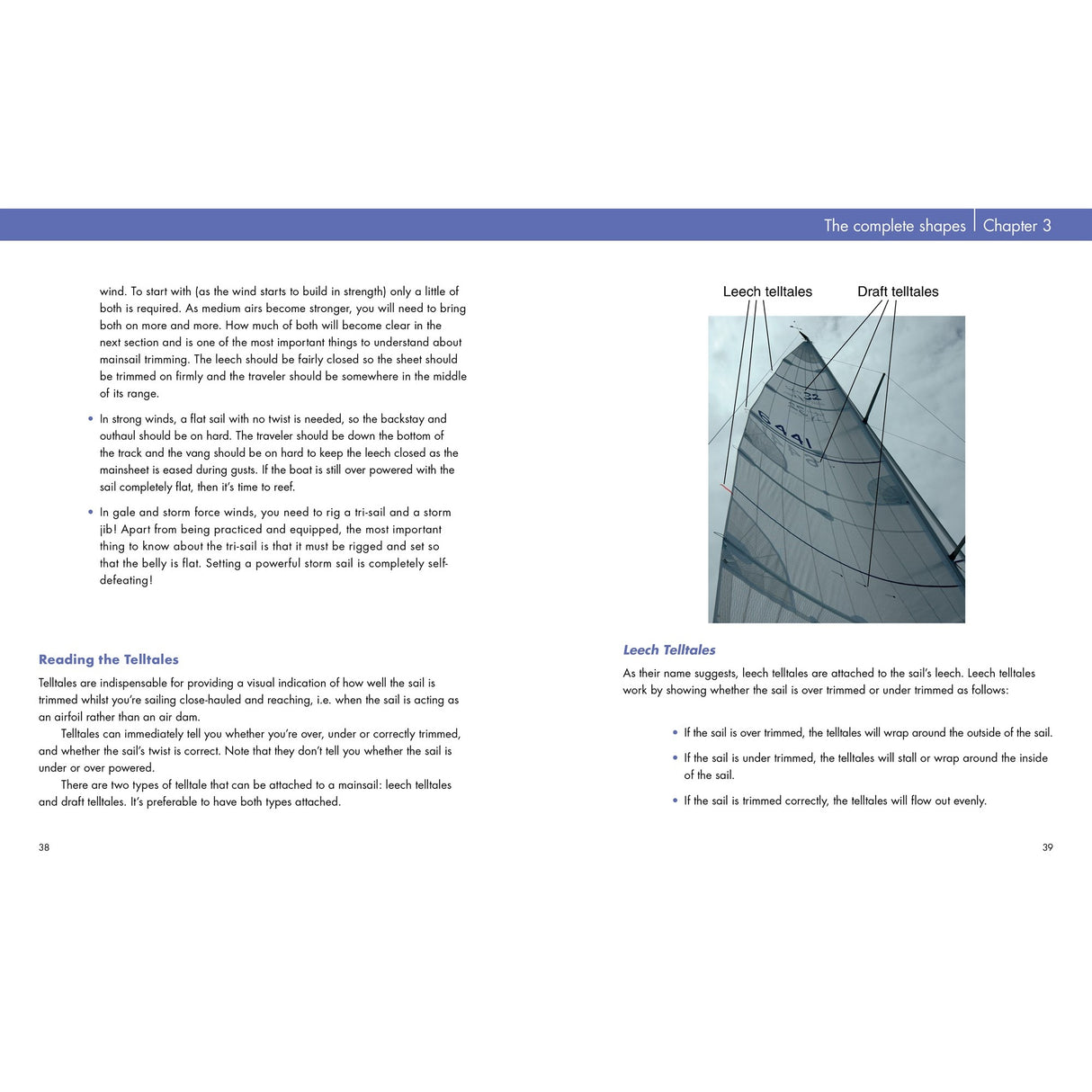 A textbook spread from "Mainsail Trimming" by Fernhurst Books shows diagrams of leech and draft telltales on a sail, alongside tips on using telltales to trim your mainsail for better performance and faster sailing.
