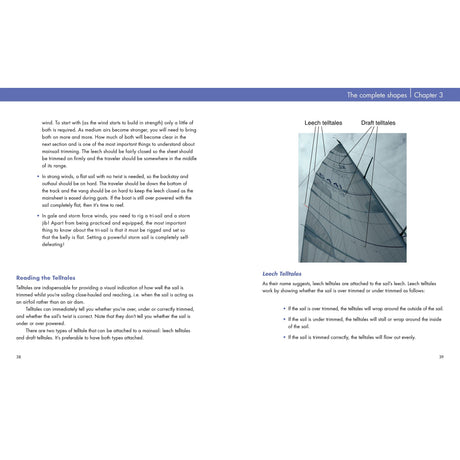 A textbook spread from "Mainsail Trimming" by Fernhurst Books shows diagrams of leech and draft telltales on a sail, alongside tips on using telltales to trim your mainsail for better performance and faster sailing.