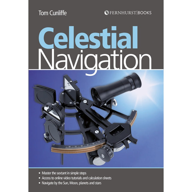 Book cover for "Celestial Navigation" from Fernhurst Books, featuring a sextant on a blue background and bullet points highlighting essential ocean sailing skills.