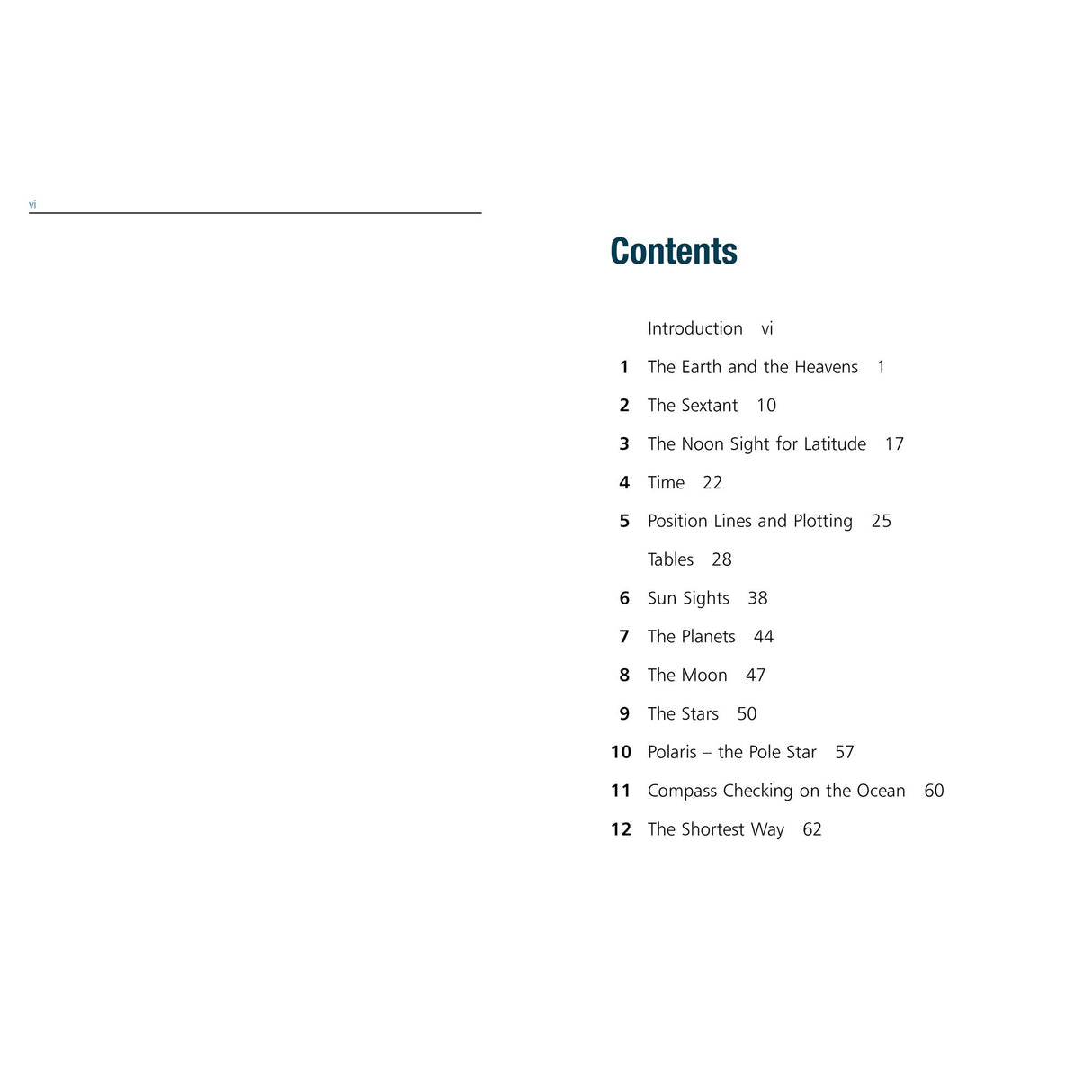 The table of contents for Celestial Navigation by Fernhurst Books uses blue and black headings to list topics like the sextant, celestial navigation, time, latitude, sun sights, planets, Polaris, compass checks, plus section page numbers.