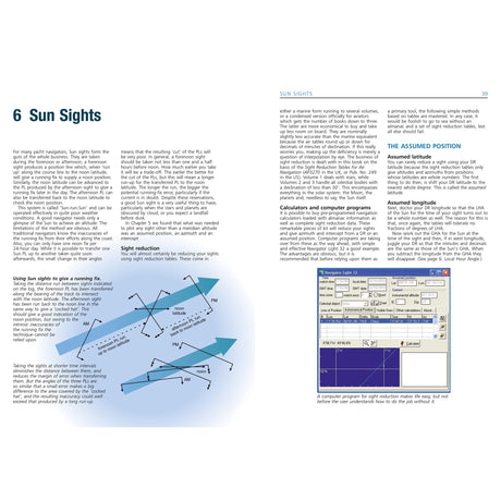 A page from Fernhurst Books' "Celestial Navigation" shows "6 Sun Sights" with two columns of text, diagrams explaining sextant sight reduction, and a navigation computer program screenshot for ocean sailors.