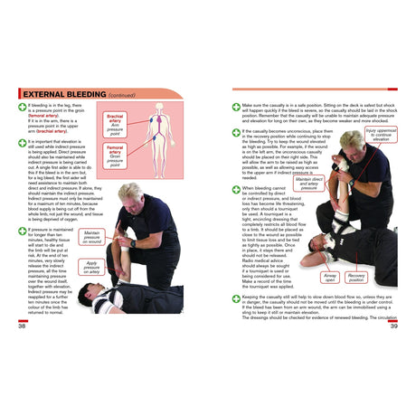 A page from "First Aid Afloat" by Fernhurst Books details treating external bleeding, with diagrams and photos showing pressure application and limb elevation. Text covers bleeding control steps and key pressure points.