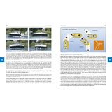 Four images on the left page show a motorboat doing a three-point turn. The right page, from Fernhurst Books’ "Powerboating," has diagrams and text explaining three-point turns for twin-engine boats, with blue sidebars on a white background.