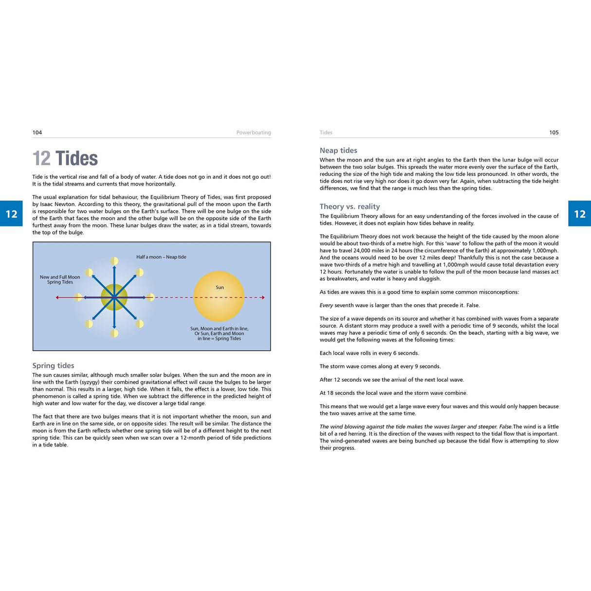 An open Fernhurst Books "Powerboating" textbook displays a double-page spread on tides, with headings, text, and a spring vs. neap tide diagram—ideal for boat safety. The left page explains spring tides; the right covers neap tides and tidal theory.