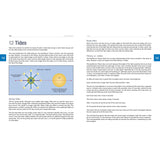 An open Fernhurst Books "Powerboating" textbook displays a double-page spread on tides, with headings, text, and a spring vs. neap tide diagram—ideal for boat safety. The left page explains spring tides; the right covers neap tides and tidal theory.
