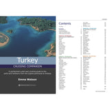 The cover and contents page of "Turkey Cruising Companion" by Fernhurst Books, featuring a coastal aerial view and chapters on Turkish ports—ideal for Mediterranean sailing enthusiasts.