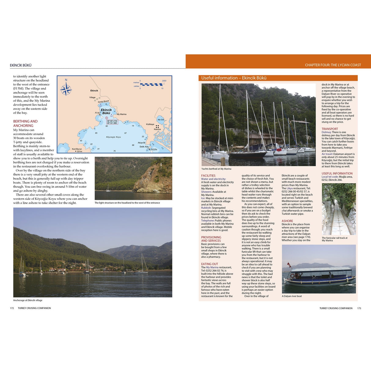 The Turkey Cruising Companion from Fernhurst Books features text, a map of Bűyük Bőkű in southwest Turkey, and photos of marinas, sailboats by wooded hillsides, and beautiful coastline—ideal for Mediterranean sailing enthusiasts.