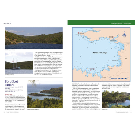 The Turkey Cruising Companion by Fernhurst Books showcases photos of a forested coastline, boats, and turquoise waters at Bördübet Limanı, plus maps and detailed navigation info—a must-have Mediterranean sailing guide.