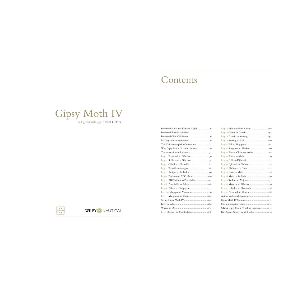 The image displays the title page and contents of "Gipsy Moth IV" from Fernhurst Books, showcasing this legendary yacht’s role in sailing history and listing its chapters with their respective page numbers.