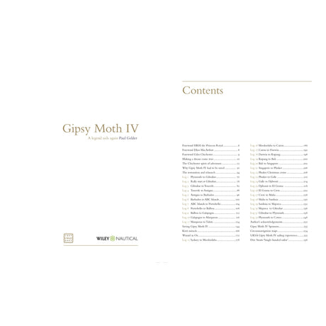 The image displays the title page and contents of "Gipsy Moth IV" from Fernhurst Books, showcasing this legendary yacht’s role in sailing history and listing its chapters with their respective page numbers.
