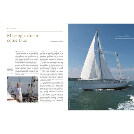 A magazine spread features an article titled "Making a dream come true," with text on the left, a small photo of Paul Gelder at a sailboat helm, and a large photo of Fernhurst Books' Gipsy Moth IV sailing on the ocean to the right.